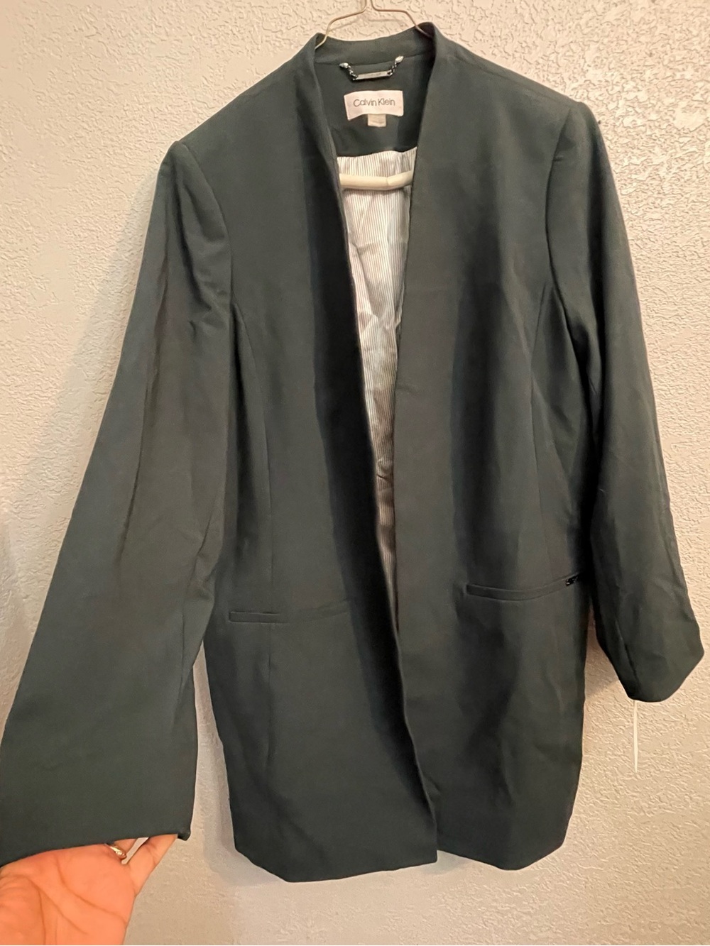 Calvin Klein Women's Dark Green Collarless Long Blazer - Picture 3 of 11